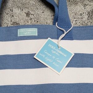 Dolce & Gabbana Light Blue Escape to Capri Striped Canvas Beach Tote Bah